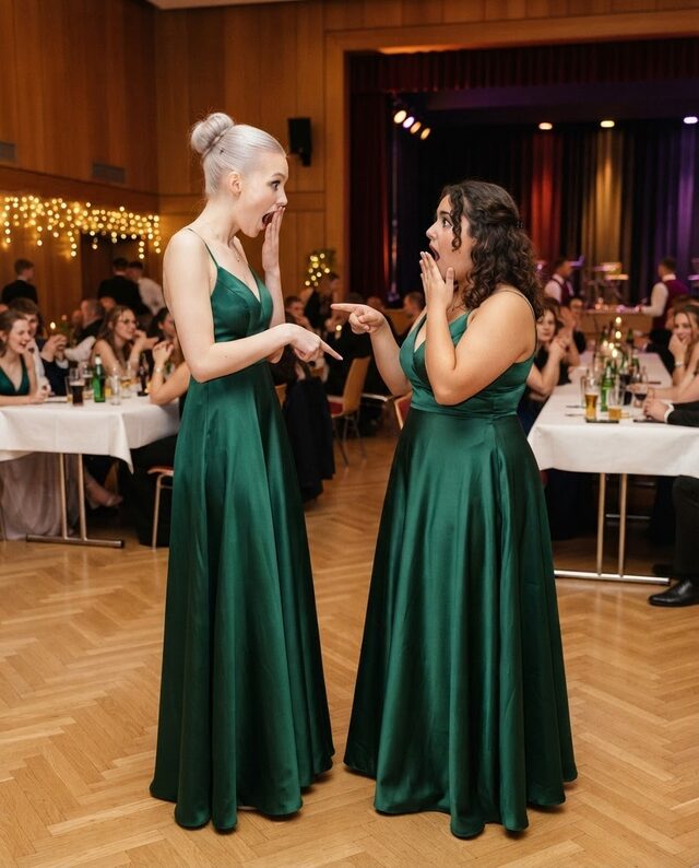 Zwei junge Frauen – eine blond, eine mit dunklen Locken – tragen auf einem Ball das gleiche grüne Kleid und schauen sich überrascht an