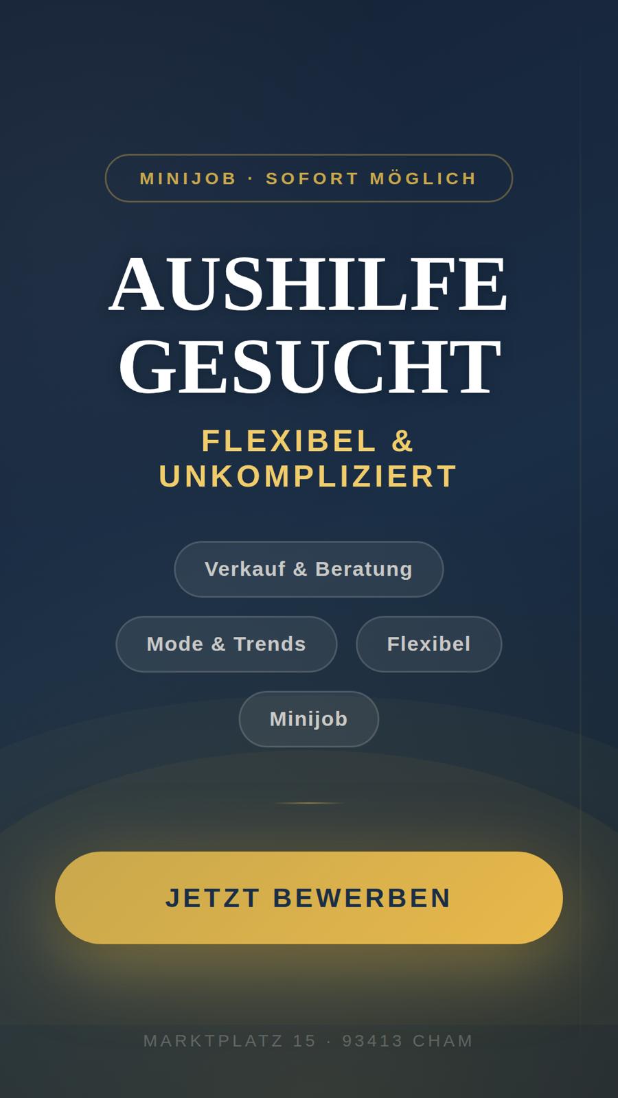Dunkles Stellenplakat mit der Überschrift „Aushilfe gesucht“ und gelbem Bewerbungsbutton