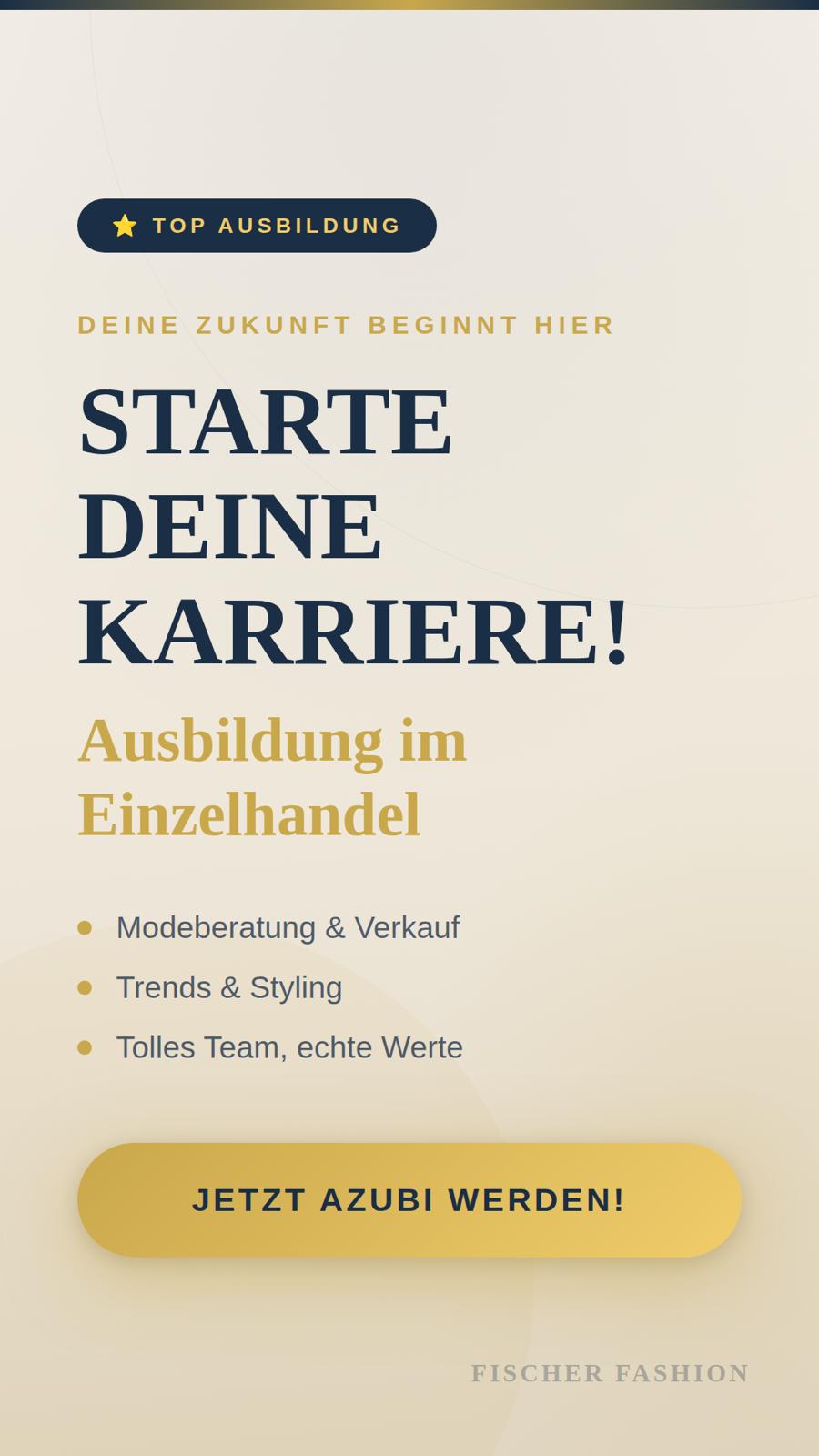 Helles Ausbildungsposter mit der Überschrift „Starte deine Karriere!“ und Stichpunkten zur Ausbildung im Einzelhandel