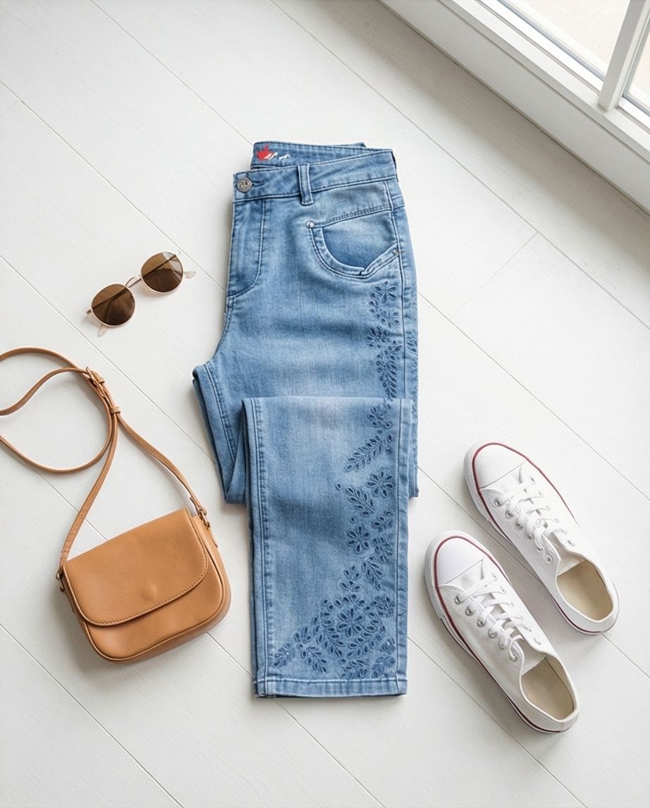 Jeans mit floralem Lochmuster Flatlay — Fischer Fashion Cham, Oberpfalz