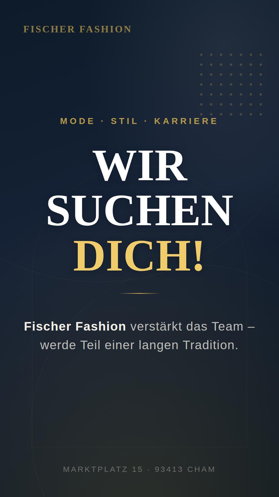 Dunkles Karriereposter mit der Überschrift „Wir suchen dich!“ und Hinweis auf Teamverstärkung