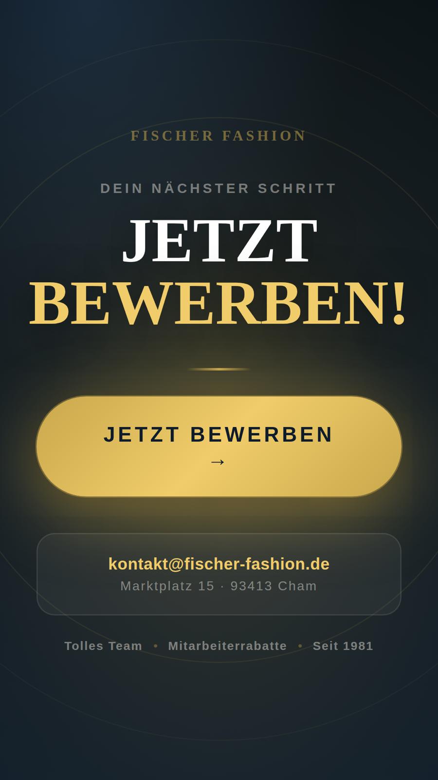 Dunkles Bewerbungsplakat mit der Überschrift „Jetzt bewerben!“ und gelbem Button