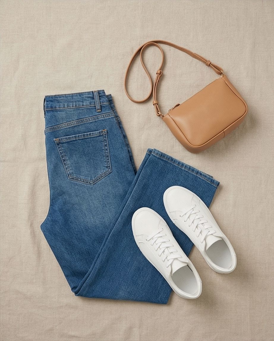 Wide-Leg Jeans Flatlay mit Sneakern und Tasche — Fischer Fashion Cham